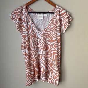 Anthropology Printed V-Neck Short Sleeve Top - Rust White Zebra